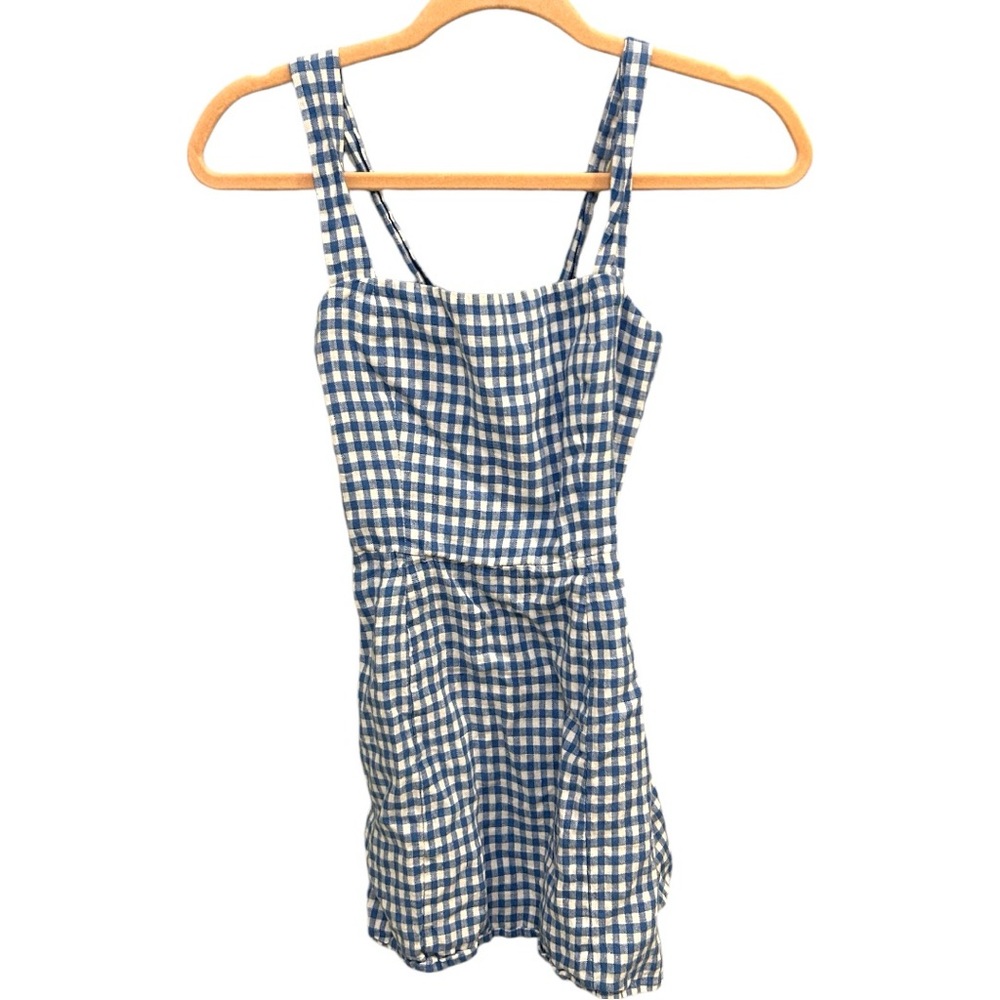 Reformation Gingham Mini Dress Blue White Size 2 100% Linen EUC B0770